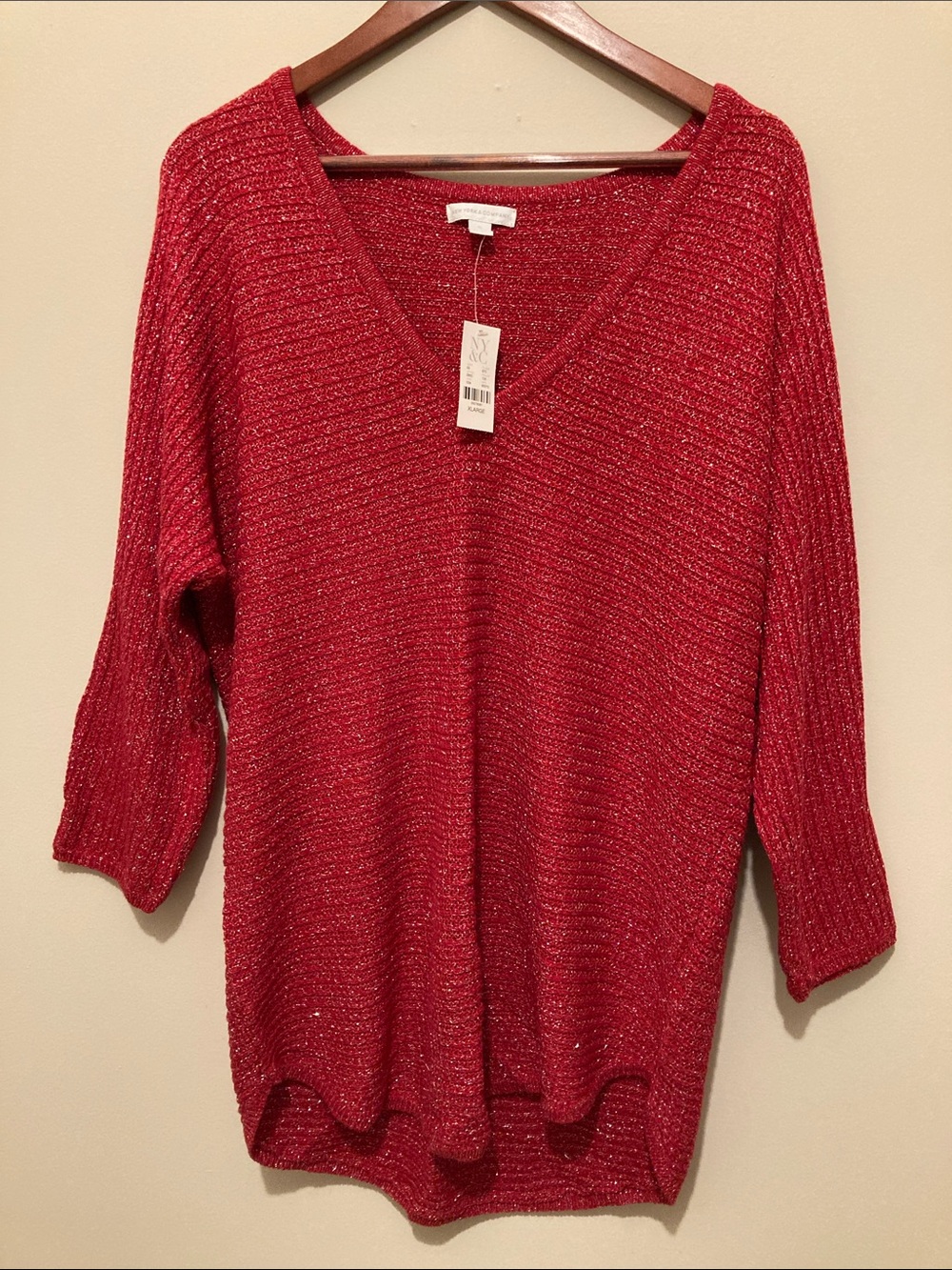 New York & Company red v neck hi low sweater NWT Sz XL